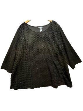Catherines Womens Textured Blouse Top 3X Black Crewneck Pullover Classic Casual